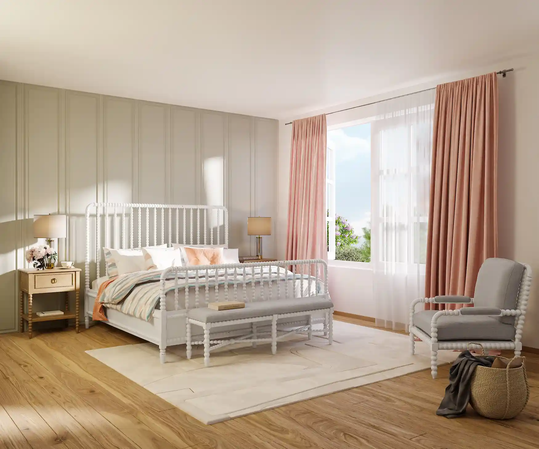 Kamar tidur dengan ranjang kayu bubut putih dan kursi santai